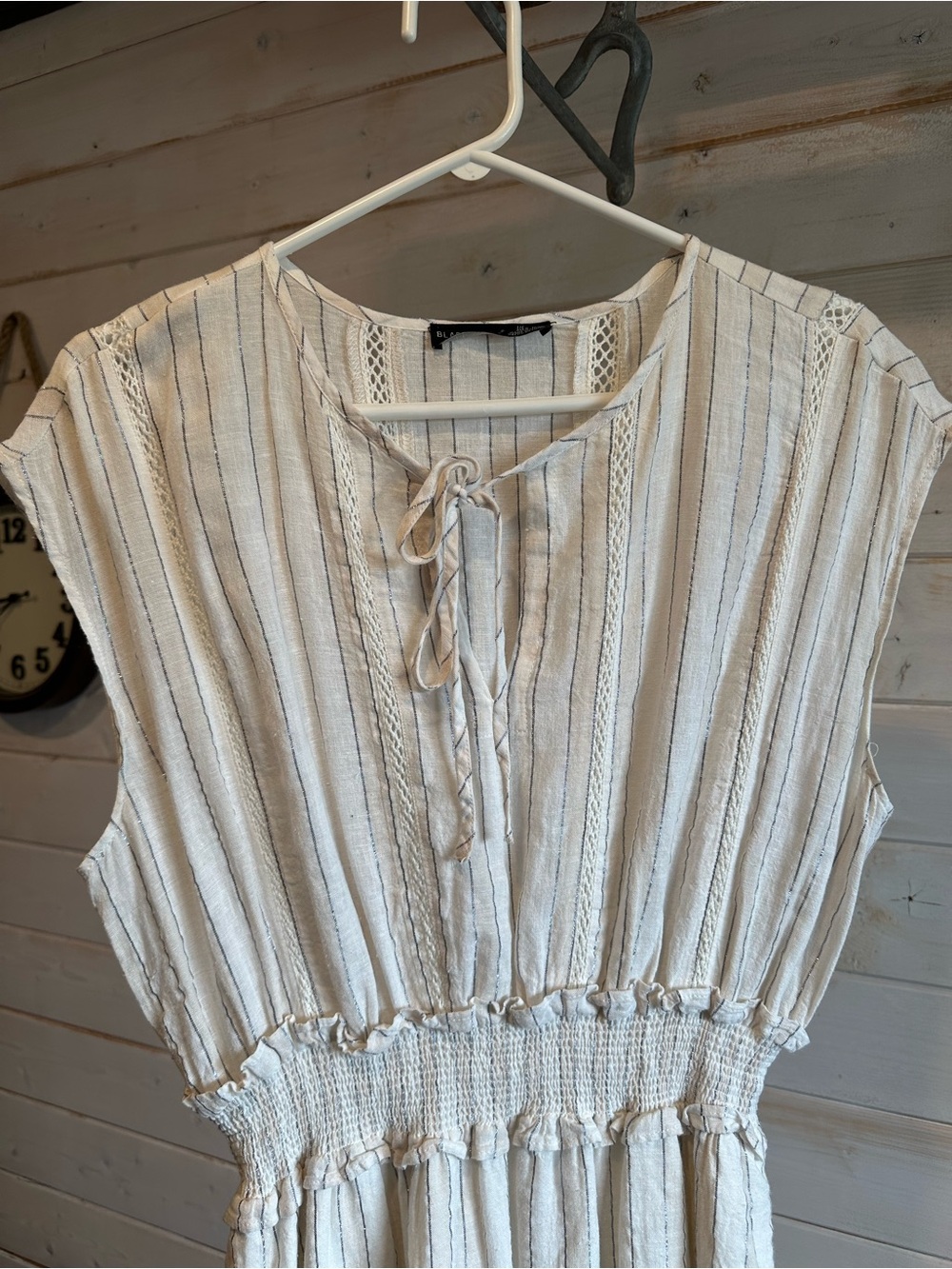 Black Tape | Cream & Shiny Silver Striped Linen Blend Dress - Picture 3 of 7